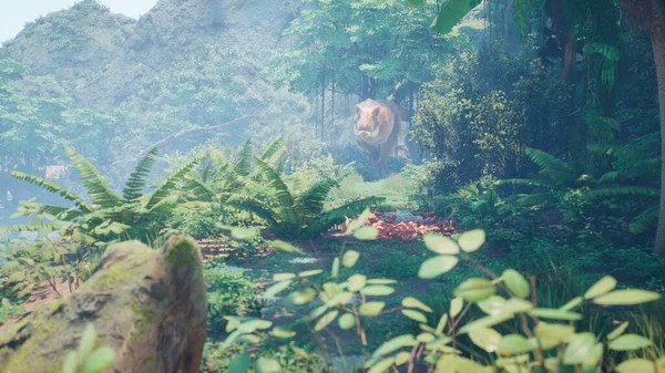 ティラノサウルス レックスの恐竜は 緑豊かな先史時代のジャングルの中でゆっくりと獲物に這い上がる 晴れた朝に緑の先史時代のジャングルの森の景色 3Dレンダリング — ストック写真