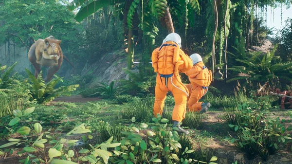 Astronauten Kämpfen Einem Prähistorischen Außerirdischen Dschungel Gegen Den Dinosaurier Tyrannosaurus — Stockfoto
