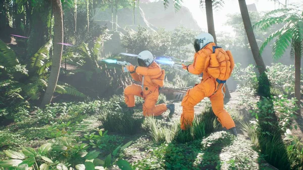 Astronauten Kämpfen Einem Prähistorischen Außerirdischen Dschungel Gegen Den Dinosaurier Tyrannosaurus — Stockfoto