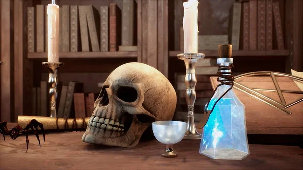 一个骷髅和一个带有咒语的手稿躺在炼金术士的古老桌子上 3D渲染 — 图库照片