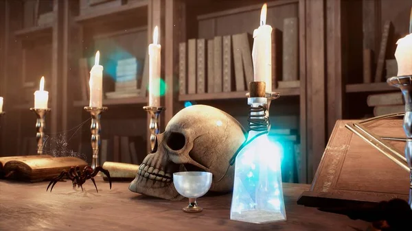 Skull Manuscript Spells Lie Ancient Table Alchemist Rendering — Stock Photo, Image
