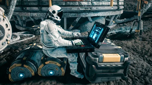 Astronaut Arbetar Sin Laptop Rymdbas Nya Planeterna Återgivning — Stockfoto