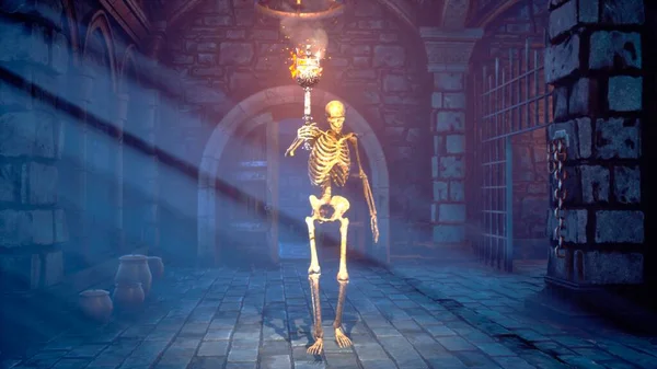 Creepy Skeleton Torch Walks Medieval Dungeon Mystical Nightmare Concept Rendering — Stock Photo, Image