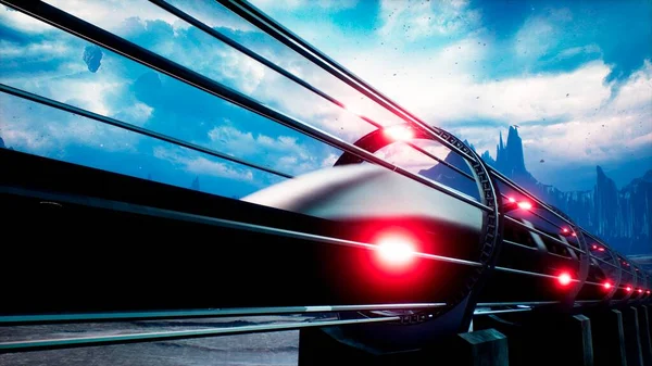 Framtidens Tåg Rusar Hög Hastighet Över Öde Utomjordisk Planet Återgivning — Stockfoto