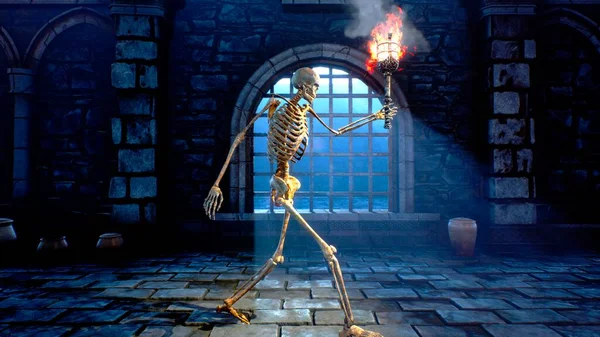 Spooky Ancient Skeleton Torch Walks Medieval Catacombs Mystical Nightmare Concept — Stock Photo, Image