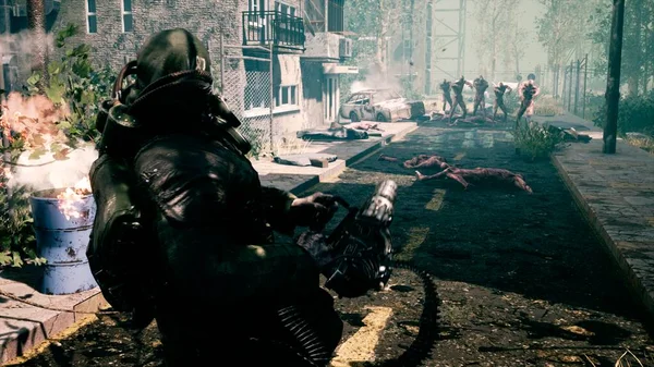Last Survivor Apocalypse Shoots Nightmarish Zombies Machine Gun Deserted City — Stock Photo, Image