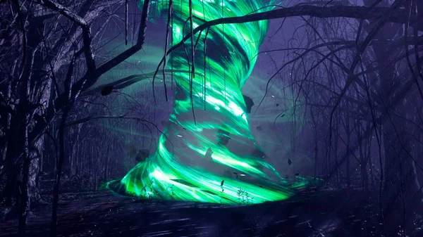 Волшебное Торнадо Темном Таинственном Туманном Лесу Сказочно Страшный Лес Высокими — стоковое фото