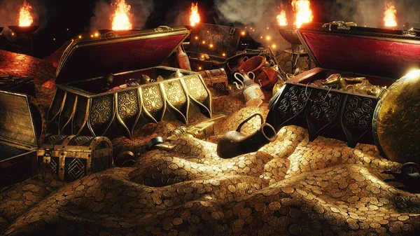 Pirate Treasures Dark Cave Old Coins Diamonds Gold Treasures Lot — Stock Photo, Image