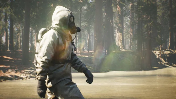 Stalker Chemical Protection Suit Gas Mask Walks Summer Sunny Forest — Stock Photo, Image