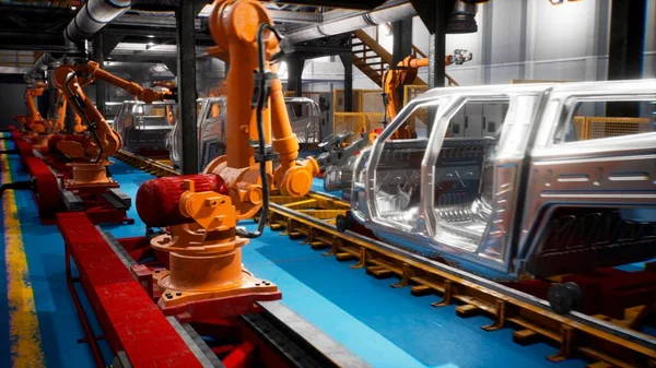 Car Welding Line Conveyor Frameworks Unfinished Cars Robots Welders Rendering — Stock Photo, Image