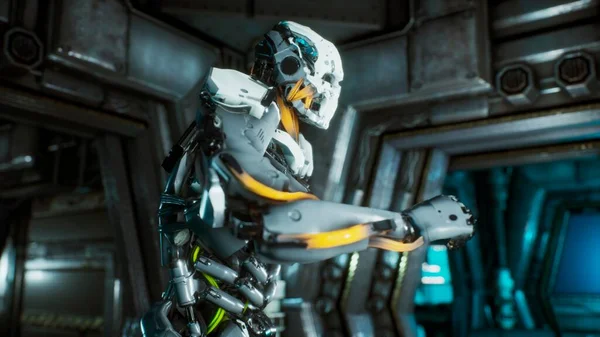 Robot Soldier Runs Futuristic Sci Tunnel Sparks Smoke Interior View — Stock Photo, Image
