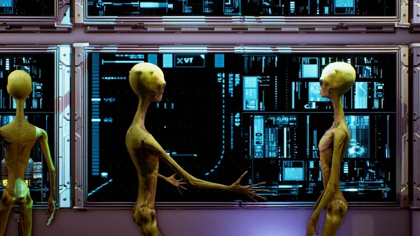 Aliens Der Nähe Des Armaturenbretts Des Raumschiffs Superrealistisches Konzept Darstellung — Stockfoto