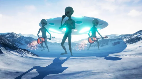 Aliens Sing Play Guitars Home Snow Planet Rendering — Stock Photo, Image