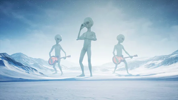Aliens Sing Play Guitars Home Snow Planet Rendering — Stock Photo, Image