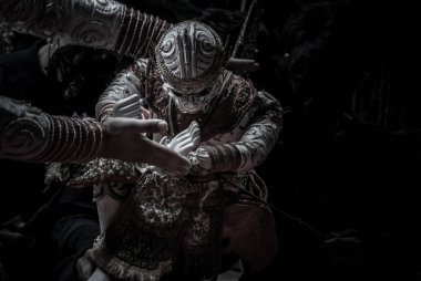 Traditional Puppet of Hanuman in Ramakien or Ramayana Story with thai puppeteers from Ramayana epic story at Baan Silapin (Artist House) in klong bang luang floating market