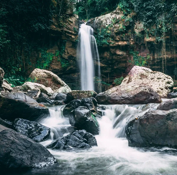 Nikaragua Ormanlarında Yosunlu Kayalar Tarafından Akan Şelale — Stok fotoğraf