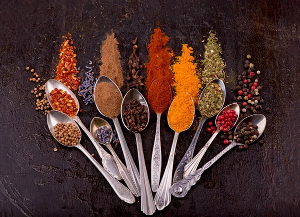 Spices Condiments Cooking Black Background — Stock Photo, Image