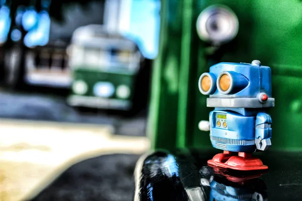 Toy Robot Old Bus School — Stock Photo, Image