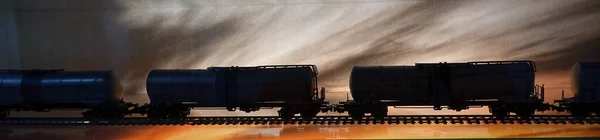 Die Waggons Eines Güterzuges Der Bei Sonnenuntergang Auf Den Schienen — Stockfoto