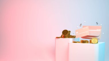 Pembe ve mavi arka planda üç boyutlu para ve kredi kartı