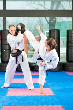 İki karate dövüşçüsü antrenman için dövüşüyor.