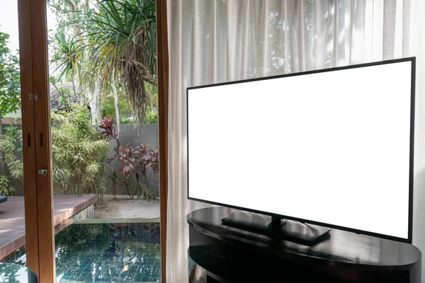 Interior of room, large window white curtain pool view, mock up tv white screen on the table