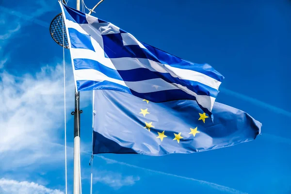 Flags Greece European Union Blue Sky Background Politics Europe — Fotografia de Stock