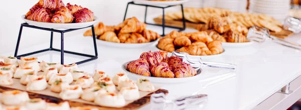 Pastry Cookies Croissants Sweet Desserts Served Charity Event Holiday Background — Stok fotoğraf