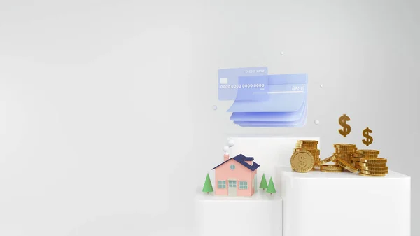 Render Money Home Und Goldene Münzen Und Kreditkarte — Stockfoto