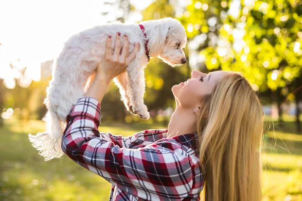Woman Her Maltese Dog Outdoor — Stock Photo, Image