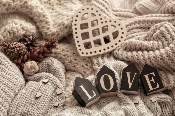 Cozy Composition Knitted Elements Wooden Decorative Word Love — Stockfoto