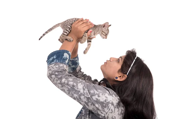 Ung Attraktiv Flicka Med Katt Vit Bakgrund — Stockfoto