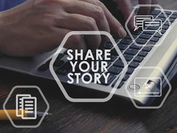Share your story concept. Man typing on the keyboard