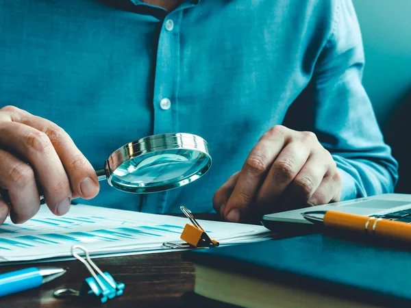 Auditor Checks Accounting Records Reports Magnifying Glass — Stock Photo, Image
