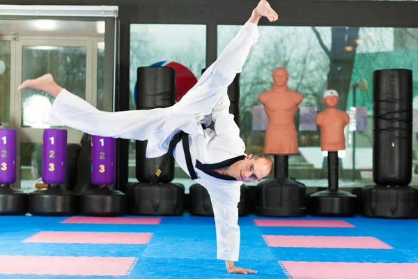 Young Man Practicing Karate Kimono Gym — Stock Photo, Image