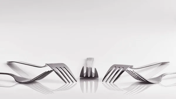 Stainless Steel Forks Reflection White Background — Stock Photo, Image