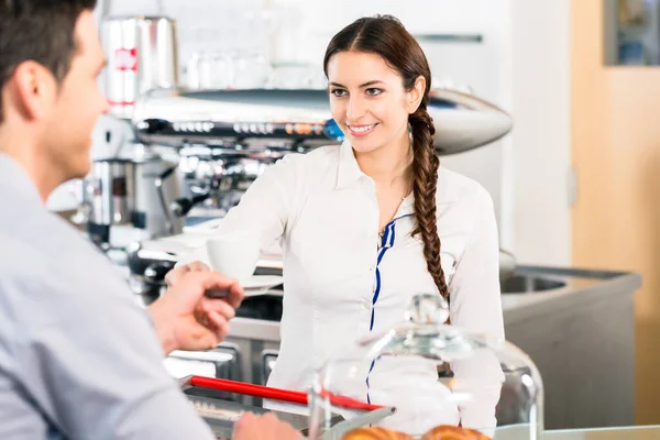 Beautiful Waitress Serving Male Customer Cup Coffee Breakfast Indoors — Stock Photo, Image