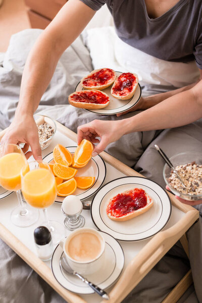 Romantic breakfast with orange juice and coffee