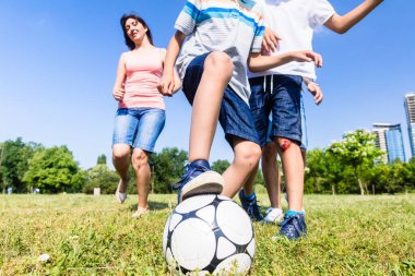 Aile yazın parkta futbol ya da futbol oynuyor.