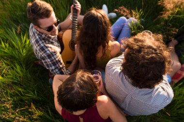 Birlikte gitar çalmak otların arasında oturan genç insanlar