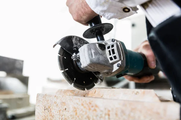 Handyman Working Marble Stone Disc Grinder — Stock Photo, Image