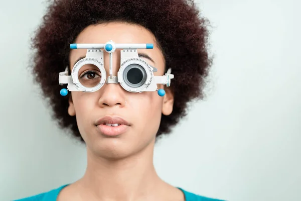 Woman Having Eyesight Test Phoropter New Glasses — Stock Photo, Image