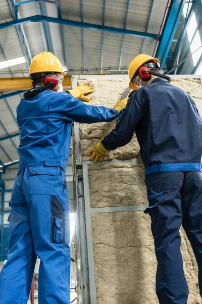 Workers Applying Insulation Material Industrial Boiler — Stockfoto