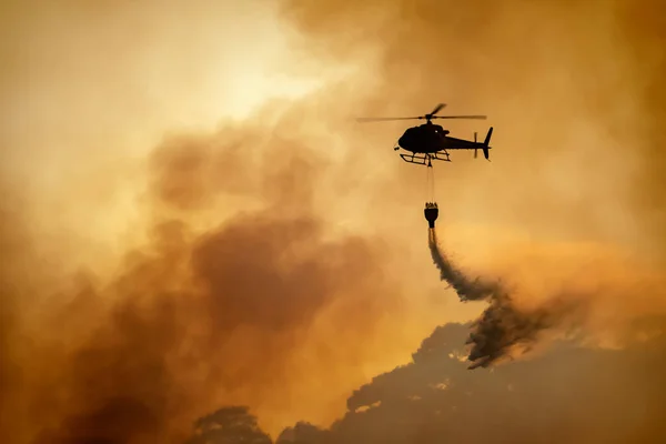 Hélicoptère Déversant Eau Sur Incendie Forêt — Photo
