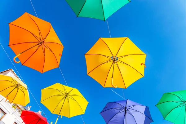 Colourful Umbrellas Urban Street Decoration Hanging Colorful Umbrellas Blue Sky — Zdjęcie stockowe