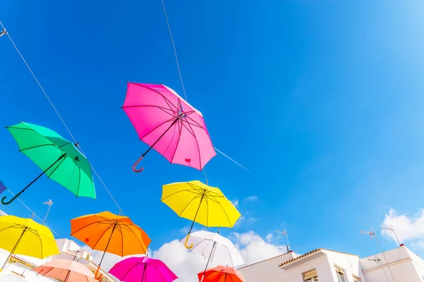 Colourful Umbrellas Urban Street Decoration Hanging Colorful Umbrellas Blue Sky — ストック写真