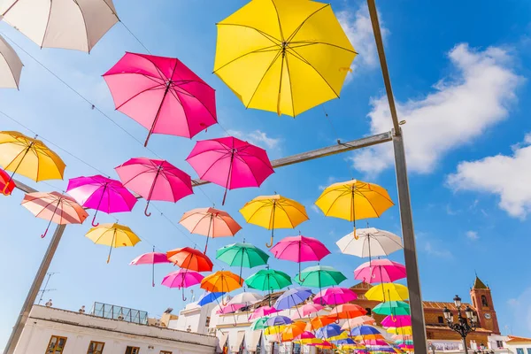 Colourful Umbrellas Urban Street Decoration Hanging Colorful Umbrellas Blue Sky — 图库照片