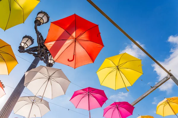 Colourful Umbrellas Urban Street Decoration Hanging Colorful Umbrellas Blue Sky — 图库照片