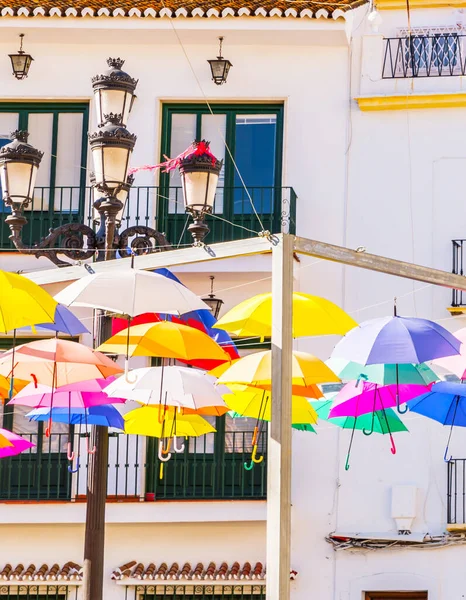 Colourful Umbrellas Urban Street Decoration Hanging Colorful Umbrellas Blue Sky — Stock fotografie