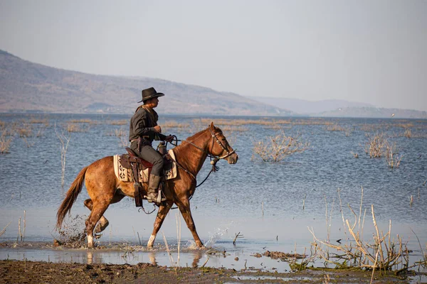Cowboy Riding Horse Sunset — Stock Photo, Image